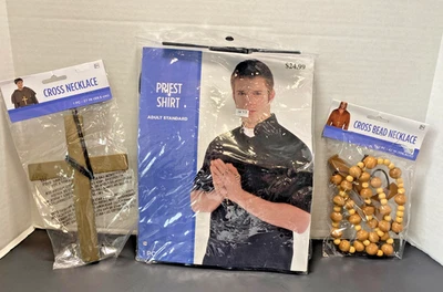 NUEVO Conjunto de Disfraz de Sacerdote ~ Camisa (Adulto Talla Estándar hasta 42) Collares de Cuentas Cruzadas Foto 1 de 4