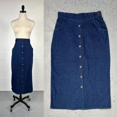 Falda midi vintage años 70 Sasson azul denim para montar con botones Volup ropa occidental 12 Foto 1 de 4