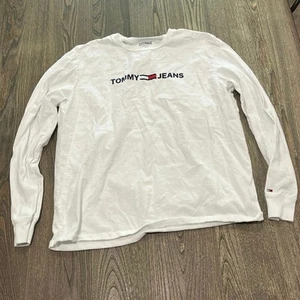 Tommy Jeans Mens Long-Sleeved Logo Top Crewneck Pullover Cotton White Size L - Picture 1 of 5