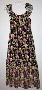 Betsey Johnson Large Ariel Maxi Dress Lace Overlay Lined Black Pink Floral - Picture 1 of 9