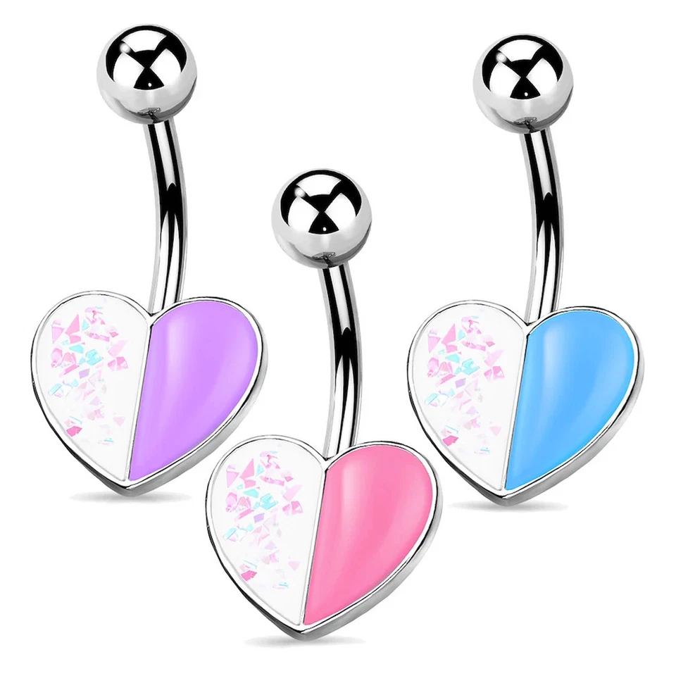 Anel cirúrgico de aço 14G para barriga de coração – opala de dois tons glitter e esmalte - Imagem 1 de 1