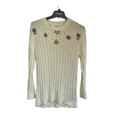 Suéter April Cornell Mujer Talla XXL Blanco Acanalado Bordado Algodón Delgado Foto 1 de 4