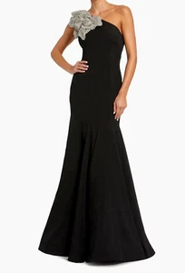 NWOT Mac Duggal Crepe One Shoulder Gown With Crystal Flower Women's Size 8 $698 - Afbeelding 1 van 15