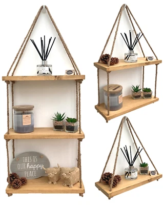 Rustic Wooden Hanging Rope Shelf - Handmade Solid Natural Wood Floating Shelves - image 1 of 4