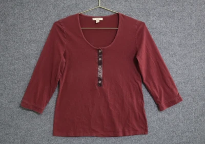 Camisa Burberry Mujer Grande Granate Henley Manga 3/4 Top Hecha en Bulgaria Foto 1 de 3