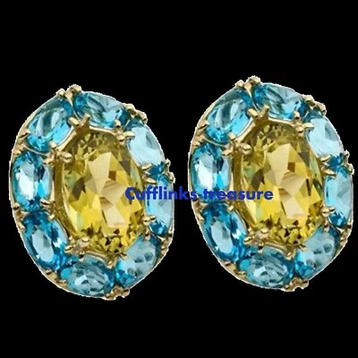 Abotoaduras folheadas a ouro prata esterlina 925 citrino natural e pedras de topázio azul #4 - Imagem 1 de 3