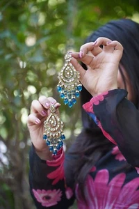 Indian Kundan Chandbali Earrings with Blue Beads – Traditional Bollywood Jhumka - Picture 1 of 7
