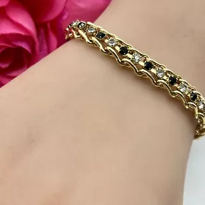Vintage Rhinestone Chain Bracelet Gold Tone Black White Prong Set Nice Quality - Picture 1 of 6