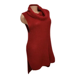 Maglione donna smanicato rosso tunica girocollo collo cappuccio maglia lunga top camicia - Foto 1 di 7