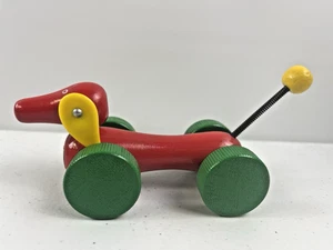 Brio Wooden Dachshund Weiner Dog Pull String Toy Sweden Red Green Yellow Cute - Picture 1 of 4
