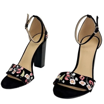 Charlotte Russe Black Suede Embroidered Floral Strappy High Heel Sandals 6 Boho  - Image 1 of 4