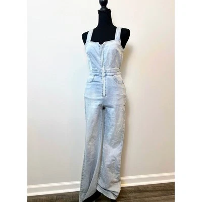 Free People We The Free CRVY 2nd Ave One Piece Jean Jumpsuit Size 0 Blue Denim - Image 1 of 4