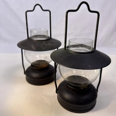Pair Of Black Metal Lantern Hurricane   Farmhouse Style Candle Holders. 7” Tall - Image 1 of 4