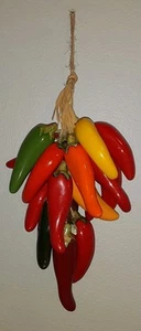 CERAMIC JALAPENO CHILI PEPPER RISTRA , MEXICO , HANGING DECOR , MULTICOLOR - Picture 1 of 6