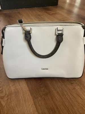 Calvin Klein White Black Logo Signature Crossbody Satchel Handbag Purse Zipper - Image 1 of 4