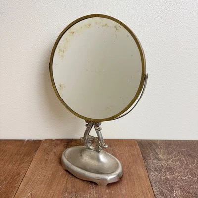 Vintage Vanity Tabletop Distressed Mirror Oval Base Cast Metal Silver Tone Decor - Image 1 of 4