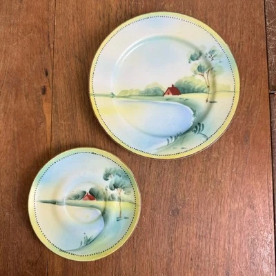 Platillo de galletas y té Nippon vintage pintado a mano de porcelana escena rural Foto 1 de 4