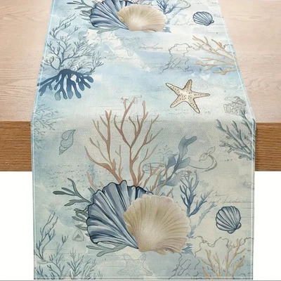 Corredores de mesa estrellas de mar de lino concha de mar - Decoración costera - Diseño Ocean Sea Life Foto 1 de 4