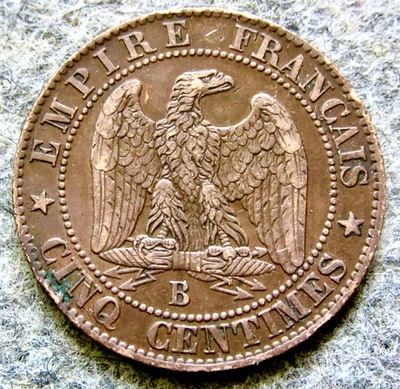 FRANCIA NAPOLEÓN III 1855 B CINQ 5 CÉNTIMOS, Rouen COMO NUEVO BRONCE km# 777 Foto 1 de 4