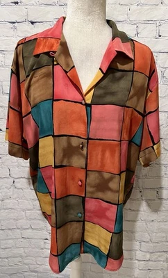 Blusa Top Mujer LE CAVIAR Vintage Estampado en Bloques de Color Abotonada Talla XL Foto 1 de 4