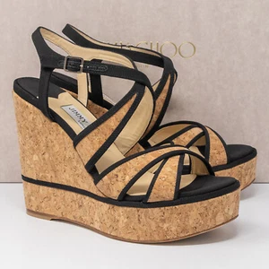 Jimmy Choo Alissa 120, Size 37 (7 US) Natural/Black Platform Wedge Heels - Picture 1 of 8