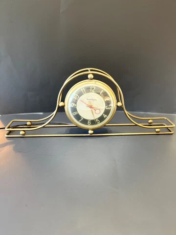 Antique Mid Century Modern Mastercrafters Metal Skeleton Mantel Clock in Brass Cover