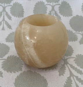 Onyx Marble Candle Holder Tea Light Round Yellow Gift Stone Carved Vintage - Picture 1 of 9