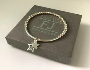 Sterling Silver Stretch Beaded Bracelet & Star Charms, UK Handmade in Gift Box - Picture 1 of 9