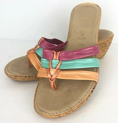 Zapatero Italiano Cuña 9 W Rosa Verde Naranja Metálico Slides Corcho Aspecto Sandalia Foto 1 de 4