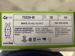 Leviton T5320-W White Tamper Resistant Duplex Receptacle - 10 Pack - Picture 1 of 1