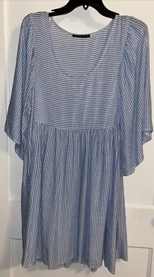 Tiana B Blue Stripe Babydoll  Dress Medium Womens Lightweight Linen Flare Sleeve - Image 1 of 4