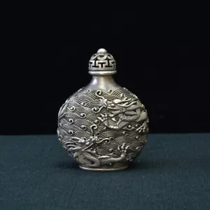 Collectible Ancient White Copper Gilded Silver Double Dragon Snuff Bottle - Picture 1 of 10
