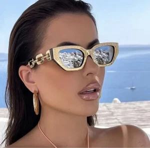 Luxury brand cat eye chain trendy sunglasses women fashion designer gold frame - Picture 1 of 3