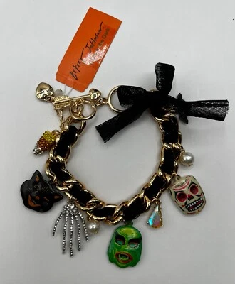 Betsey Johnson RICH WITCH Gold Tone Glow Dark Masks Skeleton Cat Charms Bracelet - Image 1 of 4