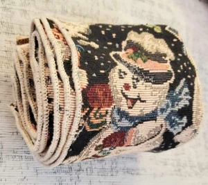 Vintage Navy Blue Ivory Red Snowman Tapestry 4" Christmas Wired Ribbon 110" 9ft - Picture 1 of 2