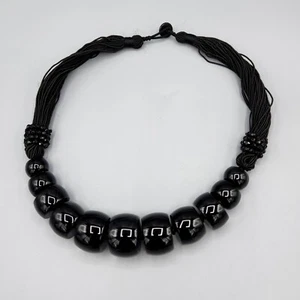 Unsigned High End Large Chunky Graduated Onyx Bead Silk Cord Necklace 16" - Picture 1 of 11