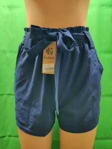 GK Fashion Womens Short Pants Casual Loose High Waist Elastic Color Navy Size M - Picture 1 of 11