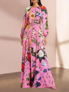Womens Retro Flower Printing Lantern Sleeves Maxi Dress Boho Floral Long Dress - Picture 1 of 18