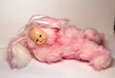 "Muñeco bebé rosa peluche conejito cara de plástico 12"" colocado vintage cabeza articulada Lovey" Foto 1 de 4