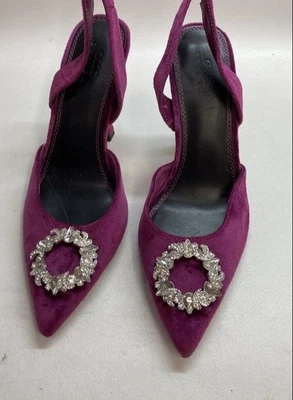 New ASOS DESIGN Magenta Suede Crystal Buckle Slingback Pumps Heels Size 8W - Image 1 of 4