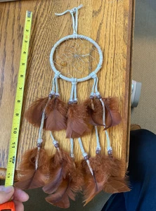 Dream Catcher Native American 4" Hoop W/3 Double Feather Bands Brown Beads - Picture 1 of 4