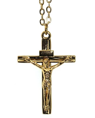 collana crocefisso cristiana tutta in acciaio bagno oro giallo croce Gesu' 40+6 - Immagine 1 di 4