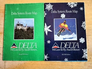 DELTA Airlines 2 Route Maps fold out 1988 & 1989 with Fleet details 26 x 18in Ea - Bild 1 von 5
