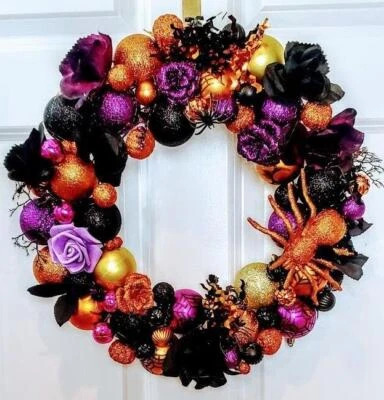 Halloween Ornament Wreath Large 18" Handmade Front Door Glittered Rose Decor - Image 1 of 4
