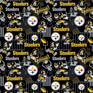 PITTSBURGH STEELERS MICKEY MOUSE PRINT FOOTBALL 100% COTTON BY THE 1/2 YARD NFL - Picture 1 of 1