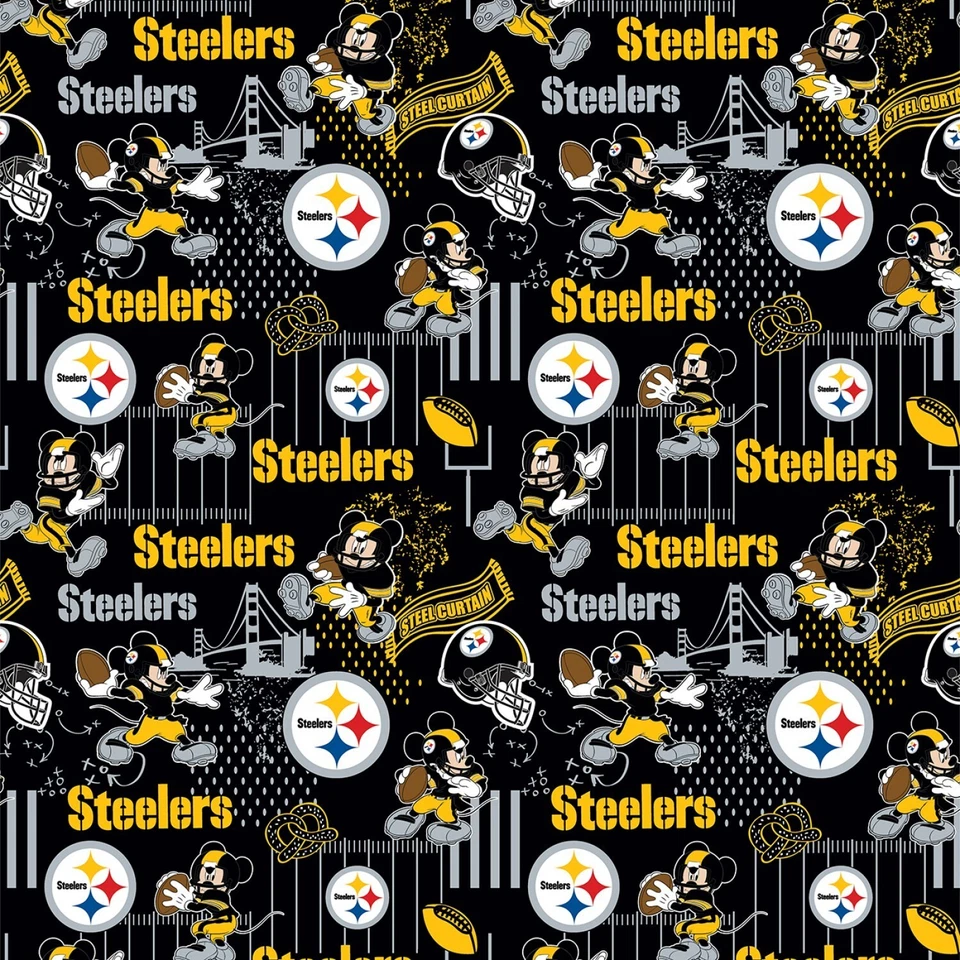PITTSBURGH STEELERS MICKEY MOUSE PRINT FOOTBALL 100% COTTON BY THE 1/2 YARD NFL - Image 1 of 1