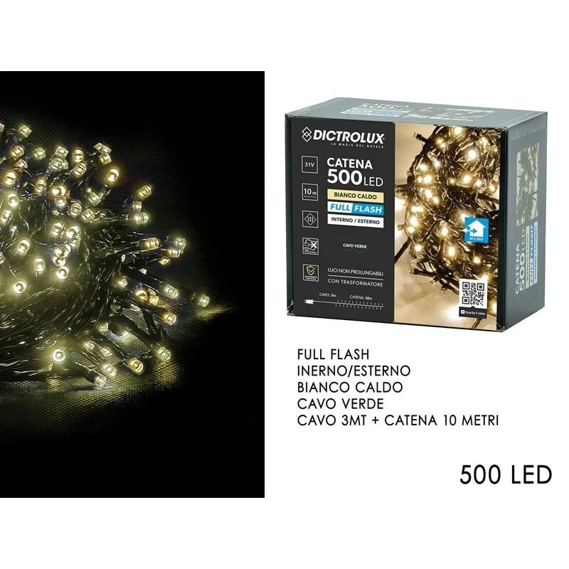 CATENA LUMINOSA DICTROLUX 500 LED BIANCO CALDO FULL FLASH INTERNO/ESTERNO - Immagine 1 di 1