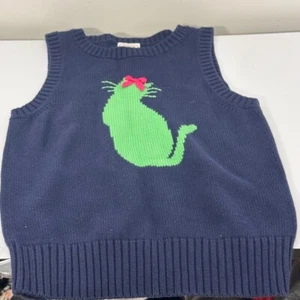 Talbot's Kids Pullover Sweater Vest V-Neck Navy Blue w/Green Kitty Cat Size 8 - Picture 1 of 5
