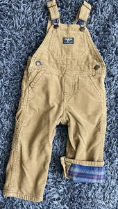 Oshkosh B'Gosh 12 Months Boys Tan Corduroy Blue Flannel Lined Overalls - Picture 1 of 5