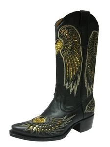 Botas de rodeo para mujer punta corta negras doradas corazón alas botas mujer talla 4.5, 5, 6 - Imagen 1 de 5